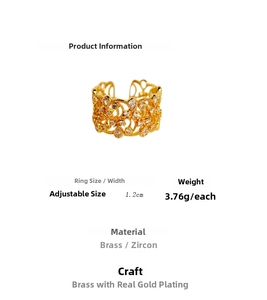 Detailed specs of lace style open ring featuring brass gold plating and zircon inlay