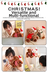 Christmas plush teddy bears in brown and white with festive scarves in lifestyle settings