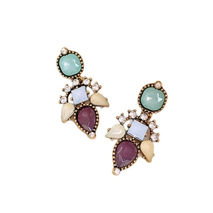 Vintage gold drop earrings with colorful resin gemstones and sparkling crystal accents