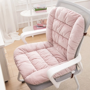 Plush pink heated chair cushion with backrest on a white office chair in a home setting