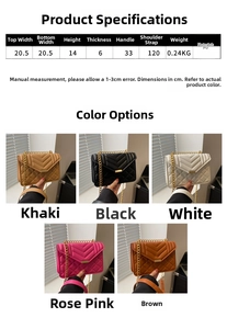 Detailed size chart for chain crossbody bag showing dimensions and colors in khaki and black