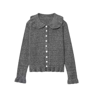 Gilet en Tricot Décontracté pour Femmes Col Claudine Manches Longues Poignets à Volants Boutons Contrastés Gris Uni