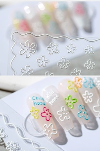 Macro detail of 3D embossed floral nail art stickers with Childhood letter design
