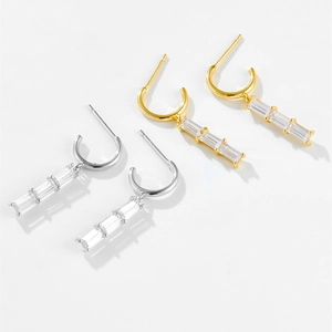 925 silver drop earrings with triple stacked rectangular cubic zirconia in gold and silver