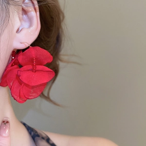 Elegant large red fabric flower earrings for women with silver needle and zircon details