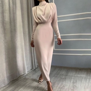 Elegant high neck long sleeve maxi dress with cinched waist and draped shoulders