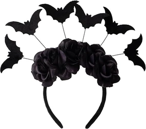 Gothic Halloween headband detail with black roses and hanging bat silhouettes on white back