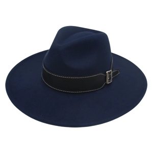 Detail of navy wool fedora hat featuring a black leather band with white contrast stitching