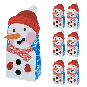 Christmas snowman paper gift bags with red hats and blue snowflake side patterns