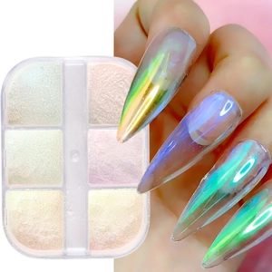 Detailansicht der 6-Farben Aurora-Nagelpuder-Palette mit holografischem Spiegel-Effekt