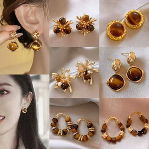 Vintage Tiger Eye Stone Earrings Geometric Round Alloy Gold Plated Jewelry With 925 Sterling Silver Earring Post Women