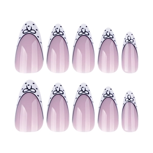 French almond fake nails with white tips, black dots, and bow patterns, 10-piece set