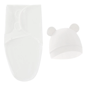Close-up of white newborn swaddle with velcro closure and cute bear ear hat set
