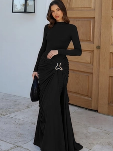 Elegant black long sleeve maxi dress with high neck and metallic waist buckle detail
