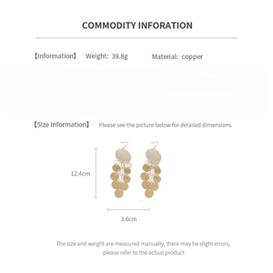 Detailed size chart for gold tiered round sequin tassel earrings in copper and silver