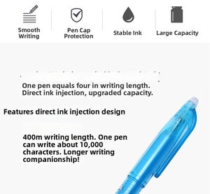 Detailed view of blue erasable gel pen showing 400m large ink capacity and smooth writing