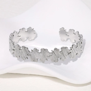 Silver leaf engraved stainless steel open cuff bracelet with detailed feather texture