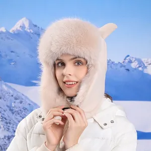 Winter plush trapper hat with faux fur lining and windproof ear flaps in cream white