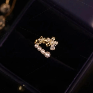 Elegant gold plated double layer pearl and zircon ear cuff with floral droplet design