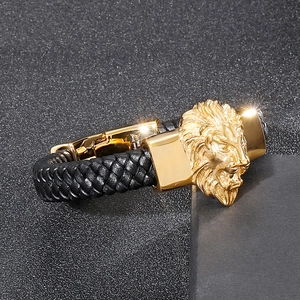 Men's woven black leather bracelet with golden 316L stainless steel lion head clasp