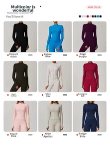 Detailed grid showing 9 colors of zip-up sports jackets with thumbholes for women