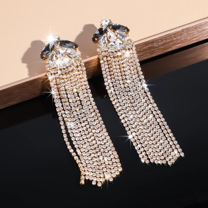 Elegant long crystal tassel earrings with sparkling rhinestones for evening parties