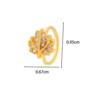 Detailed size view of a 20G gold leaf nose stud with white cubic zirconia and dimensions