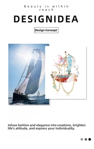 Detailed view of sailboat brooch with colorful enamel and hanging gold tassel chains