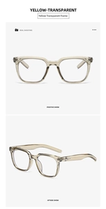 Front and 45-degree angle views of transparent yellow square sunglasses with metal details