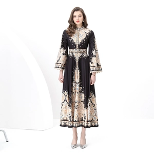Vintage Court Style Maxi Dress Long Sleeve Stand Collar Paisley Print Polyester A-Line Elegant Bohemian Ethnic Women