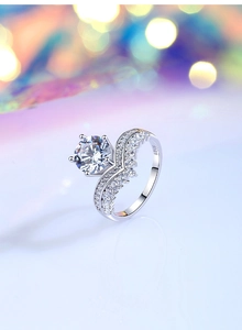 Macro shot of S925 silver crown ring with a 2ct moissanite stone and diamond accents