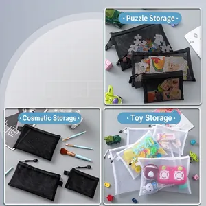 Multi-size mesh storage bags with zipper and lanyard for stationery and makeup