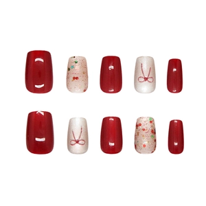 Faux ongles Cat Eye avec nœuds rouges et paillettes colorées en forme carrée