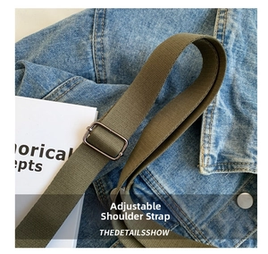 Close-up of olive green nylon strap with dark grey adjustable metal buckle details