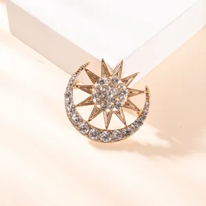 Exquisite gold-plated sun and moon brooch with sparkling rhinestones on 3D cubes