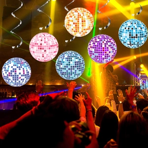 Hanging disco ball swirl decorations in vibrant colors for festive party atmosphere
