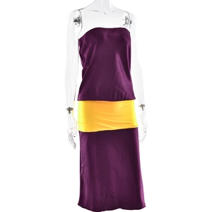 Detailed look at the two-tone purple and yellow satin bodycon strapless midi dress
