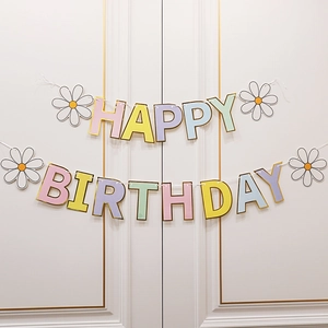 Macaron color Happy Birthday daisy banner with gold trim for party decoration