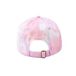 Rear view of pastel tie-dye baseball cap featuring a metal buckle and embroidered eyelets
