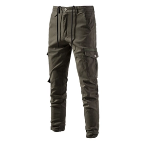 Men's olive green cargo pants with drawstring waist and multi-pocket utility design