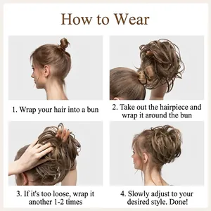 Step-by-step tutorial for wearing a messy bun scrunchie hairpiece in light brown