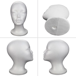 Multi-angle views of a white flocked foam mannequin head for wig and hat display