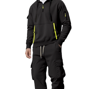 Men's black hooded fleece tracksuit with fluorescent yellow zippers and cargo pockets