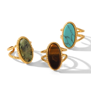 Bohemian gold stainless steel rings with oval natural lapis and tiger eye stones