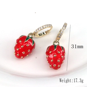 Detail view of red strawberry drop earrings with dimensions 31mm and weight 17.3g