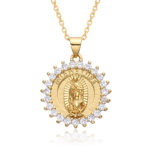 Close-up of golden Guadalupe medallion necklace with shimmering cubic zirconia inlay