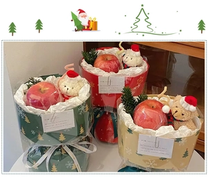 Close-up of Christmas gift box set with plush bear, fresh apple and pine branch decorations