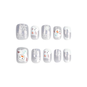 Winter snowman themed press-on nails with 3D snowflakes and glitter on grey base