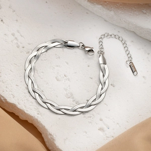 Polished silver stainless steel braided snake chain bracelet with adjustable extender link