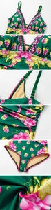 Detail of floral print one-piece swimsuit featuring deep V-neck and ruffled pink trim edges